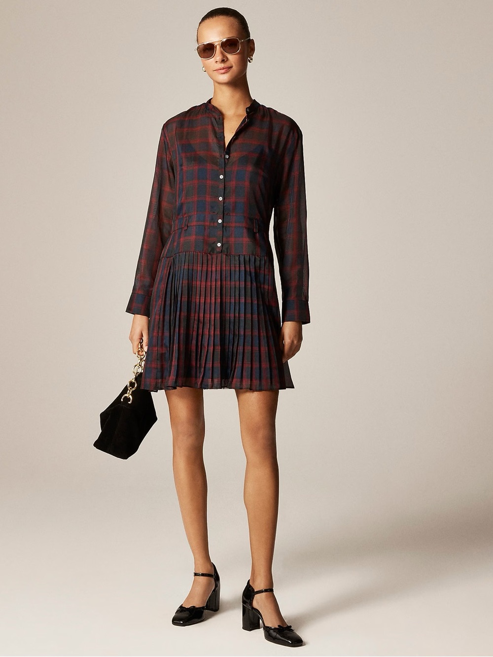 Pleated shirt-dress in Stewart tartan print